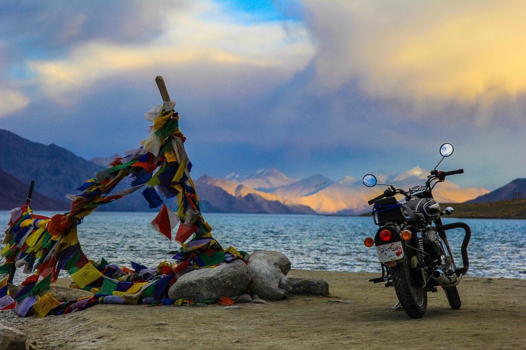 ladakh, pangong lake, lagoon, leh, india, motorcycle, himalayan, pangong tso, nature, sunset